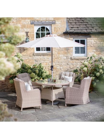 Bramblecrest Chedworth 4-Seater Garden Round Dining Table & Chairs Set with Parasol, Sandstone - view 2, Sandstone