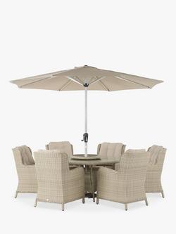 Bramblecrest Chedworth 6-Seater Garden Round Dining Table & Chairs Set with Lazy Susan & Parasol, Sandstone, Sandstone