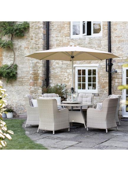 Bramblecrest Chedworth 6-Seater Garden Round Dining Table & Chairs Set with Lazy Susan & Parasol, Sandstone - view 2, Sandstone