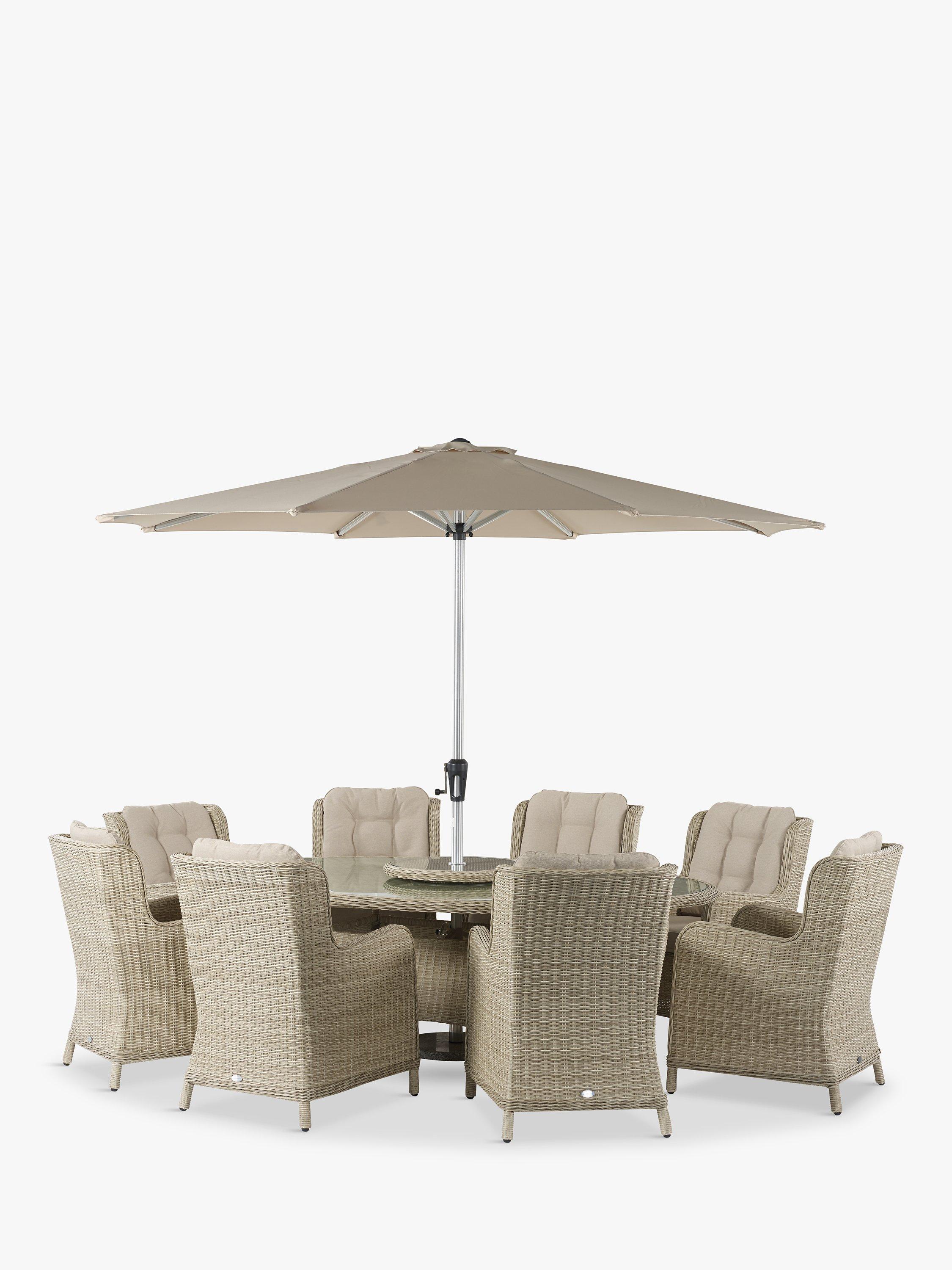 Bramblecrest Chedworth 8 Seater Garden Elliptical Dining Table Chairs Set with Lazy Susan Parasol Sandstone