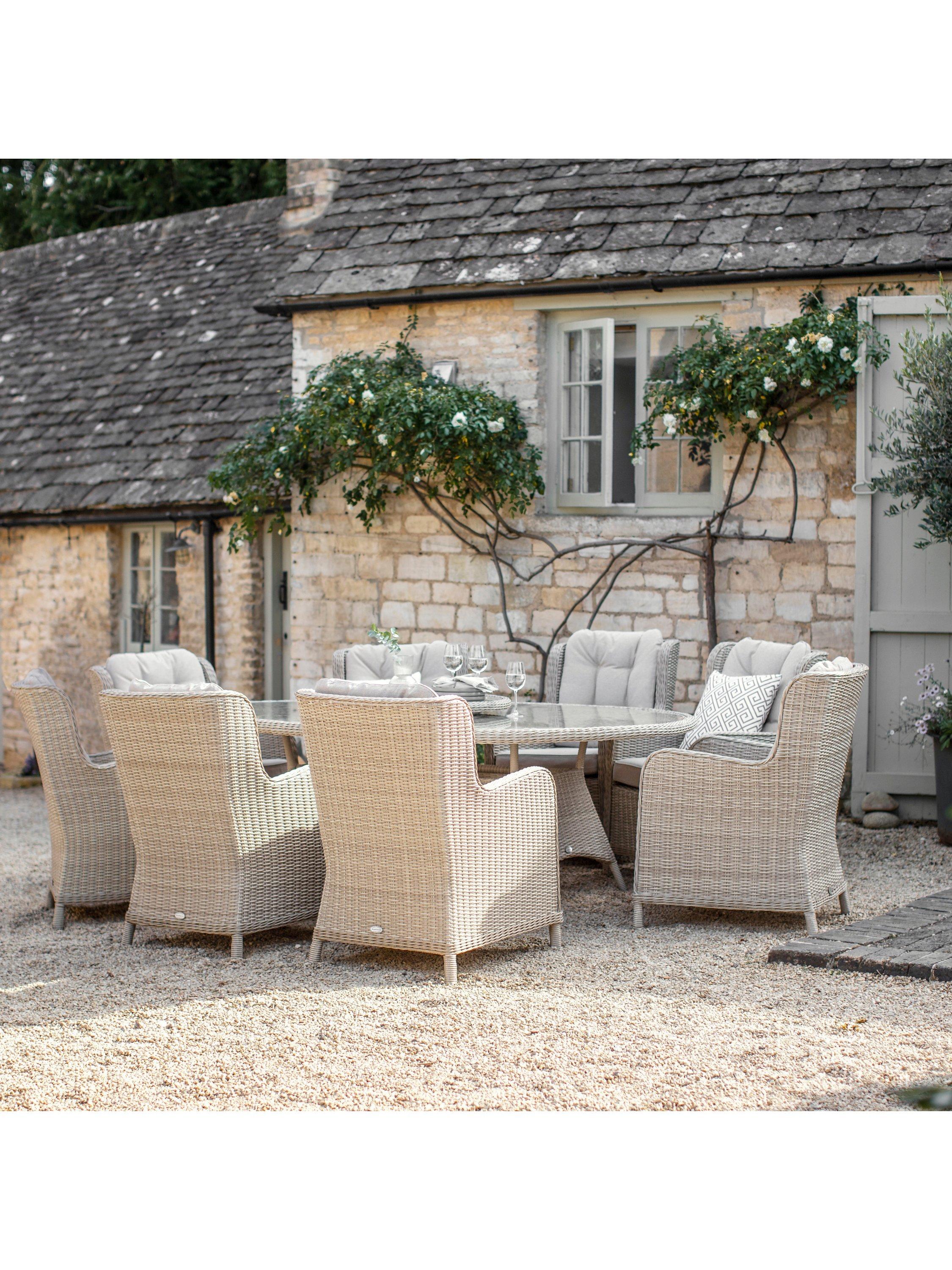 Bramblecrest Chedworth 8 Seater Garden Elliptical Dining Table Chairs Set with Lazy Susan Parasol Sandstone