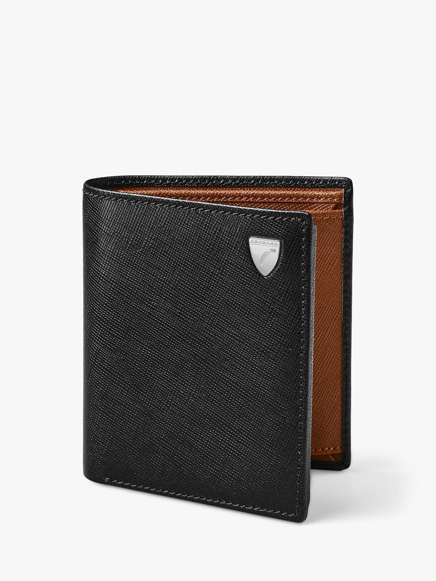 Product image 1 of 7, which shows Aspinal of London ID & Coin RFID Saffiano Leather Wallet, Black/Tan