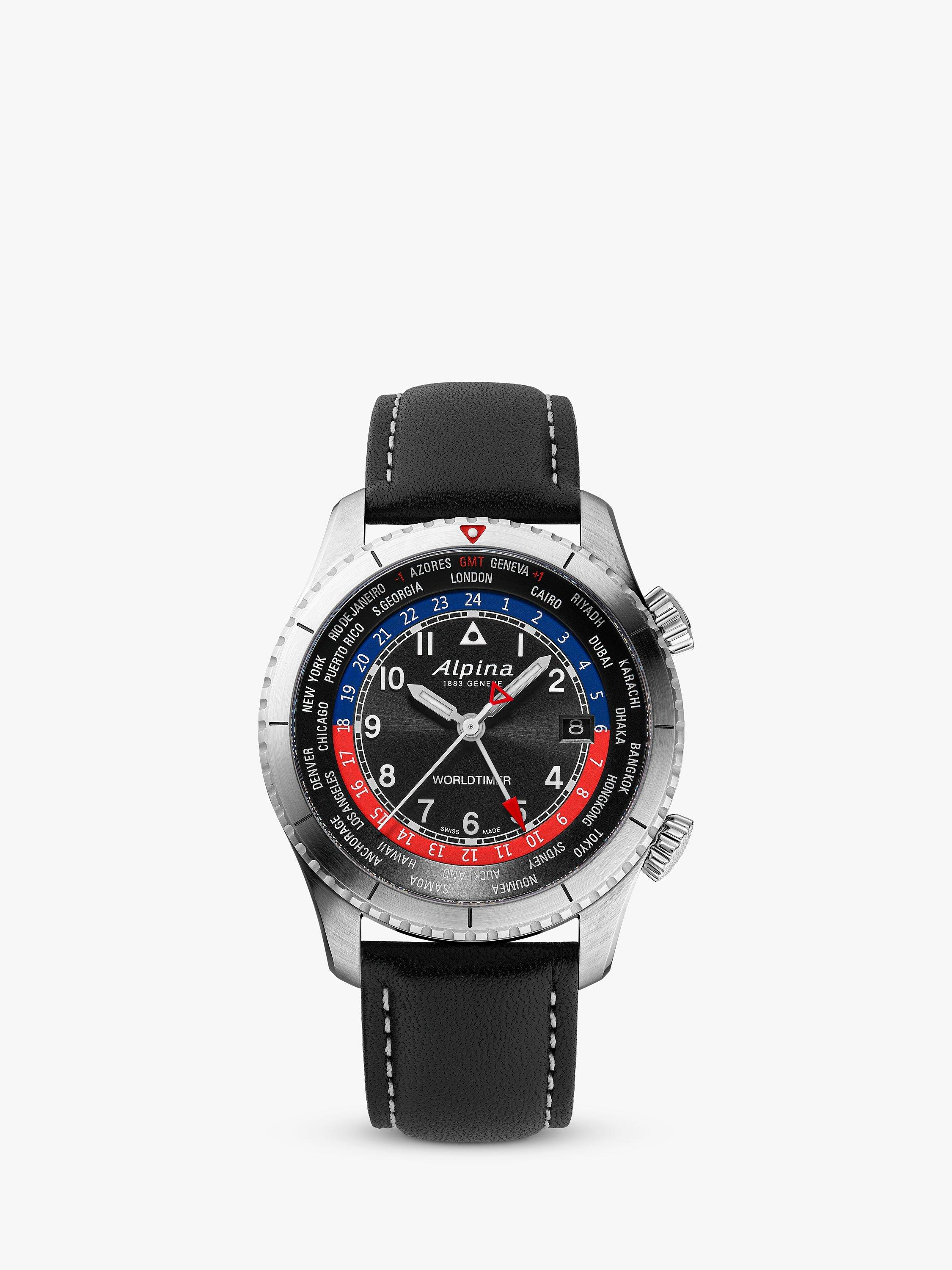 Product image 1 of 4, which shows Alpina AL-255BRB4S26 Men's Startimer Pilot Quartz Worldtimer Analogue Leather Strap Watch, Black