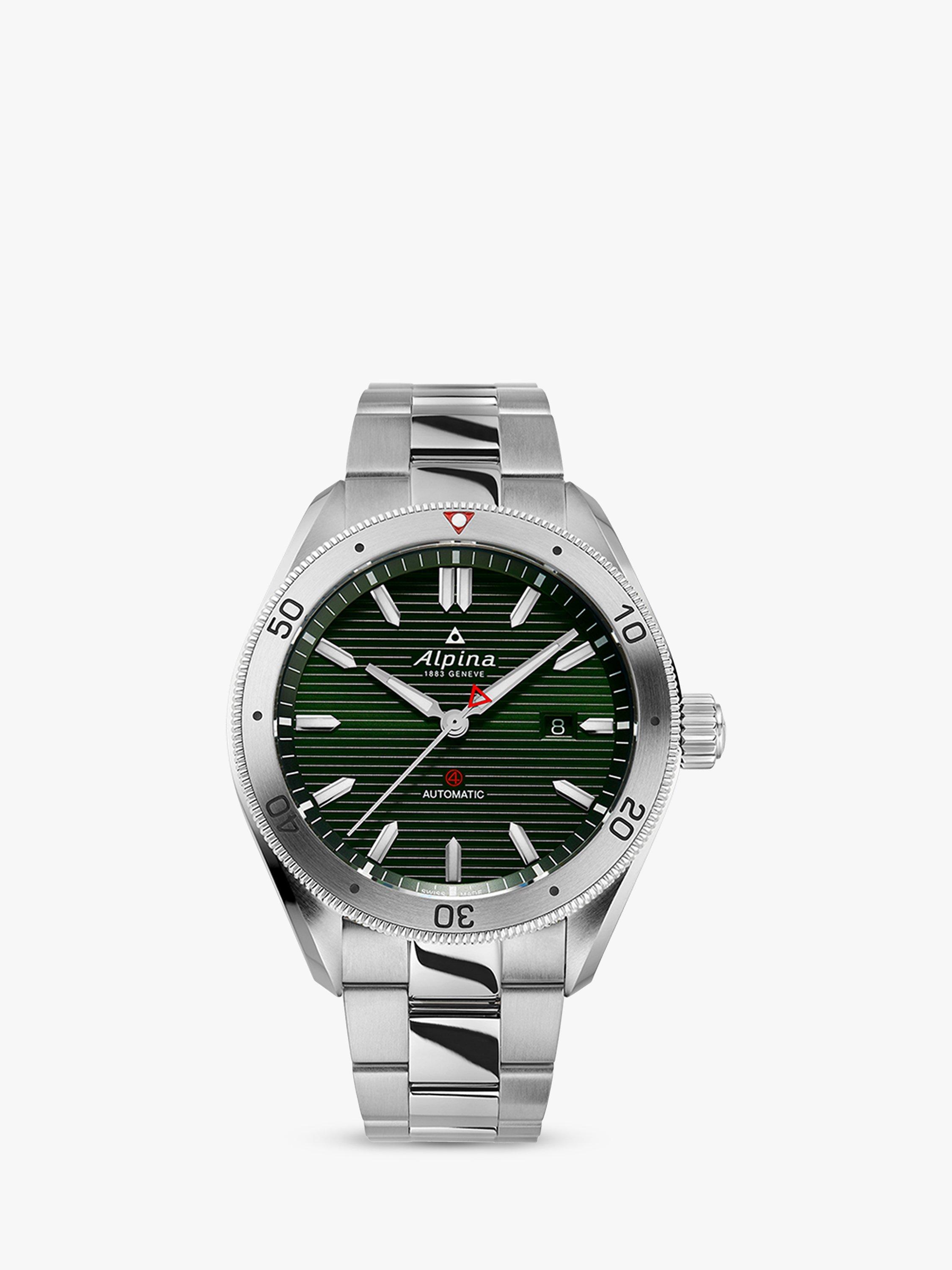 Product image 1 of 3, which shows Alpina AL-525GR5AQ6B Men's Alpiner 4 Automatic Bracelet Strap, Silver/Green