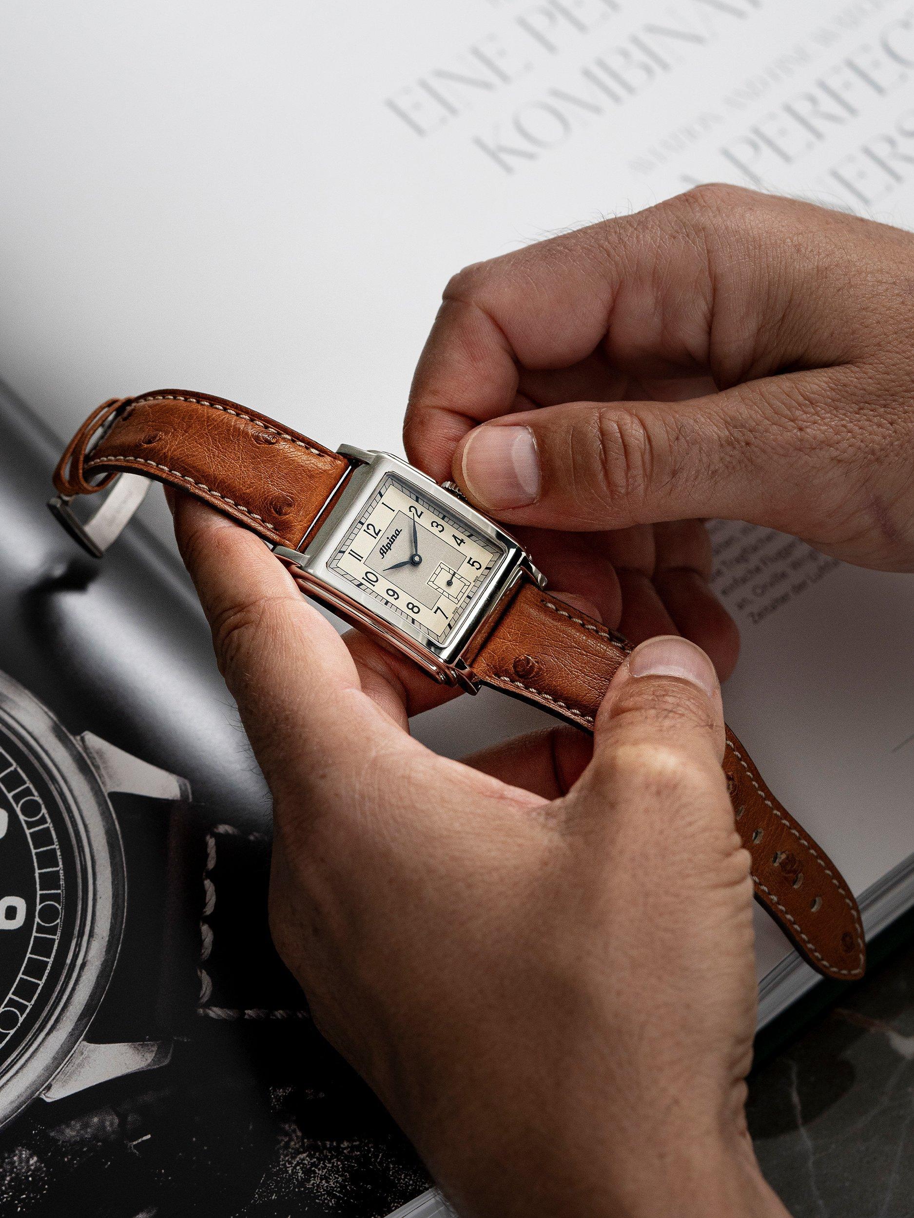 Product image 3 of 4, which shows Alpina AL-530SAC3C6 Men's Alpiner Heritage Carree Automatic 140 Years Leather Strap Watch, Brown/Cream