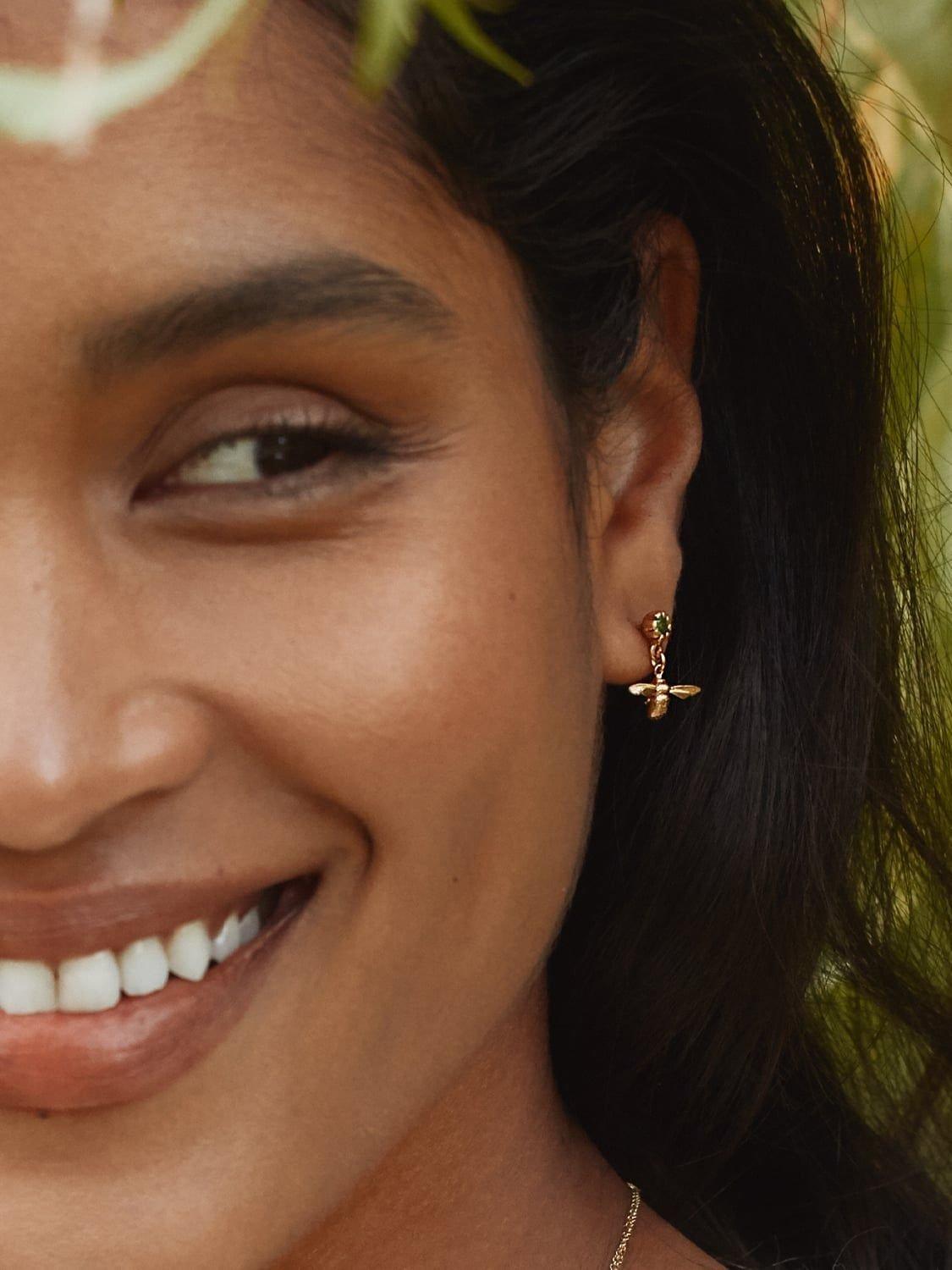 Product image 2 of 4, which shows Alex Monroe Earth Day Bee Drop Earrings, Gold/Green