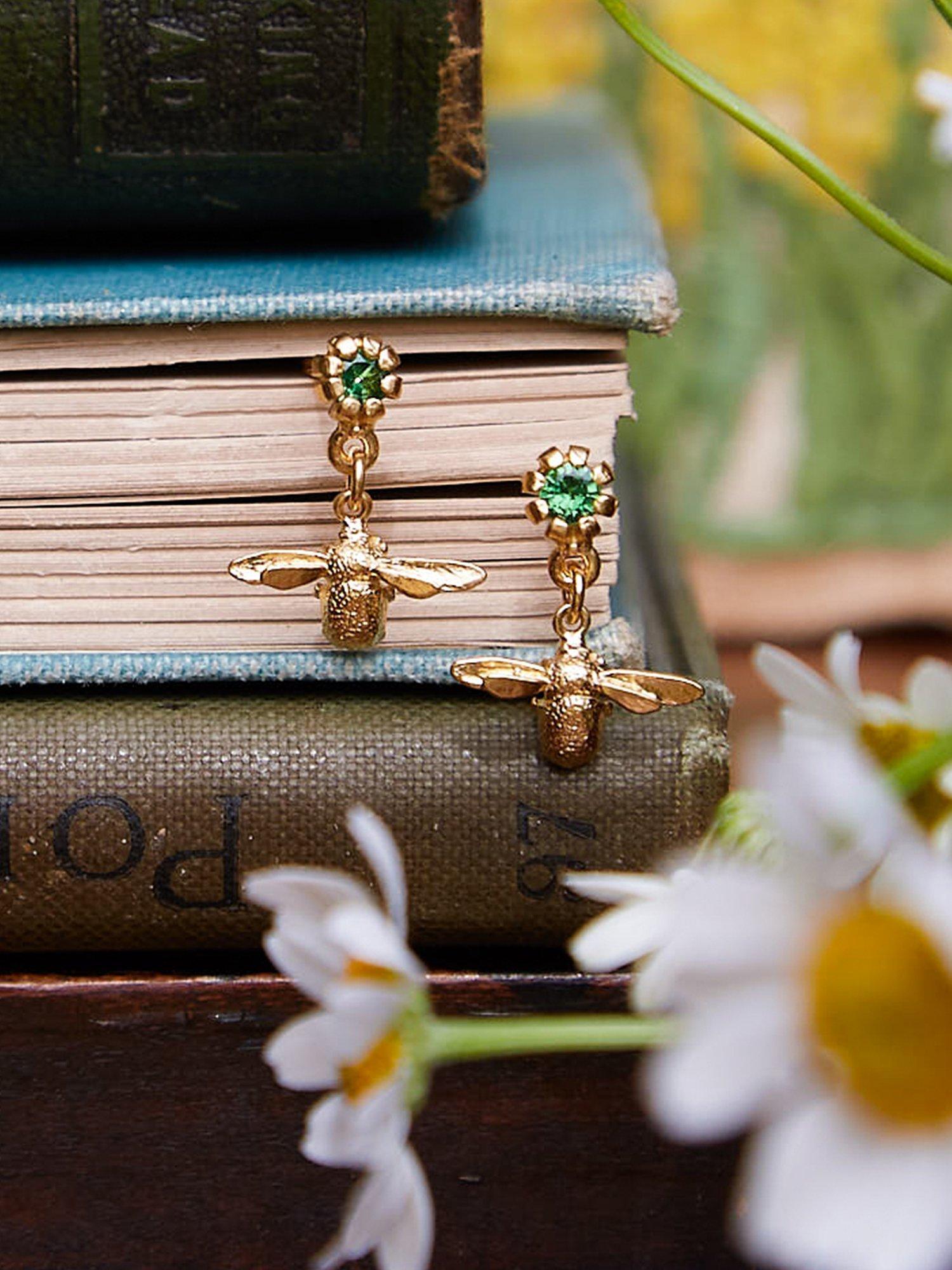 Product image 4 of 4, which shows Alex Monroe Earth Day Bee Drop Earrings, Gold/Green