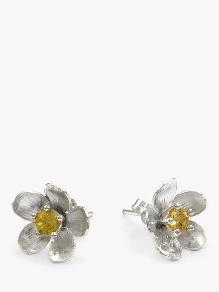 Alex Monroe Buttercup Flower Yellow Citrine Stud Earrings, Silver, Silver