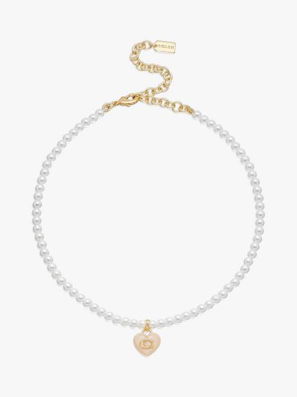 Coach Sculpted C Heart Pendant Faux Pearl Choker Necklace, Pearl/Gold, Pearl/Gold