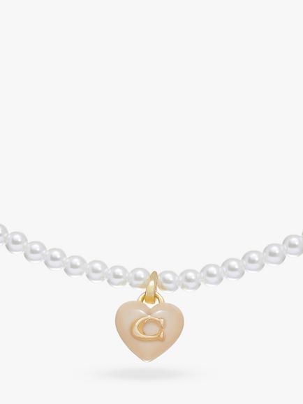 Coach Sculpted C Heart Pendant Faux Pearl Choker Necklace, Pearl/Gold - view 2, Pearl/Gold
