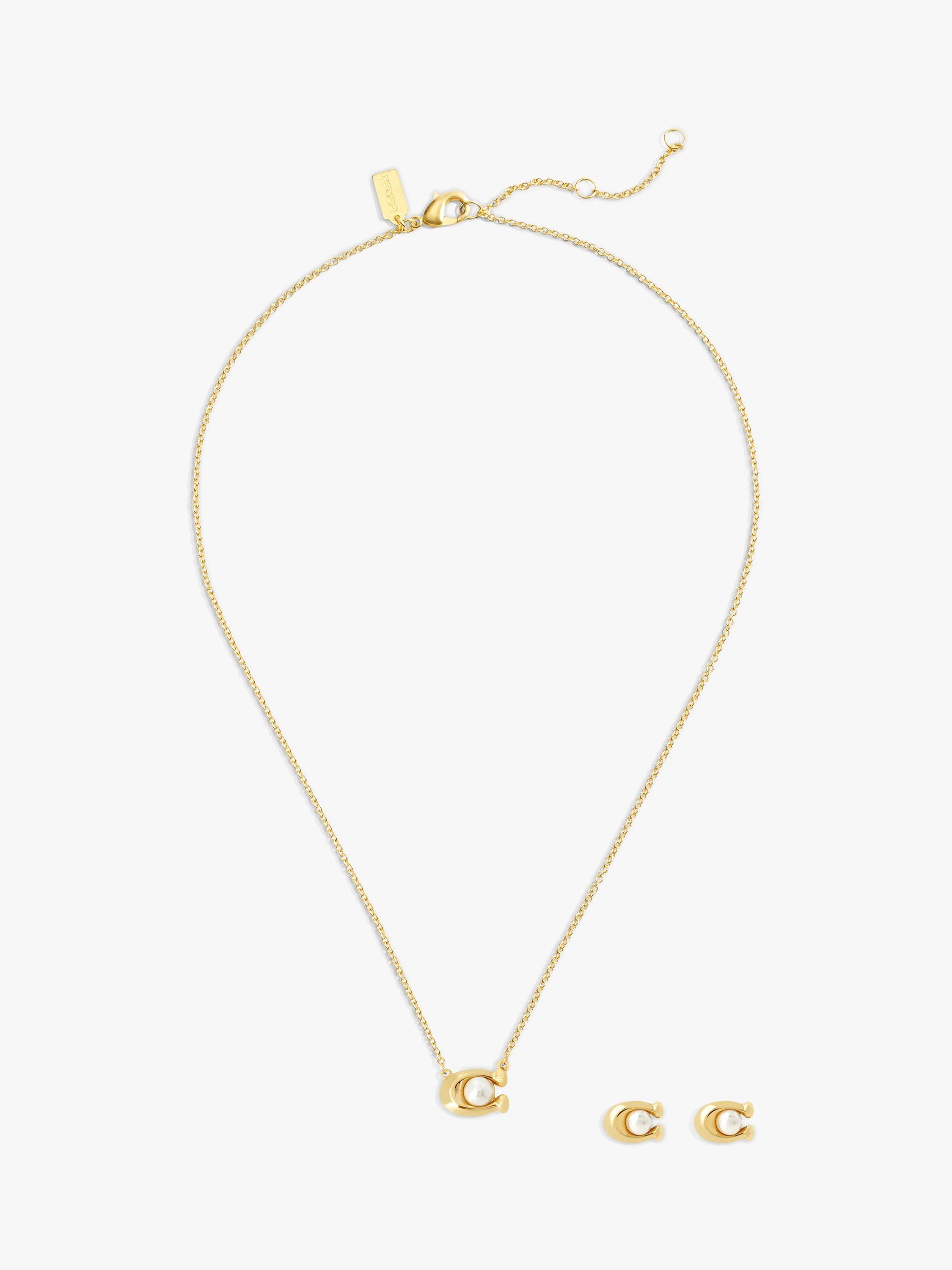 Product image 1 of 4, which shows Coach Sculpted C and Faux Pearl Pendant Necklace and Stud Earrings Jewellery Set, Pearl