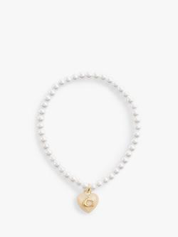 Coach Sculpted C Heart Charm Faux Pearl Bracelet, Pearl/Gold - view 2, Pearl/Gold