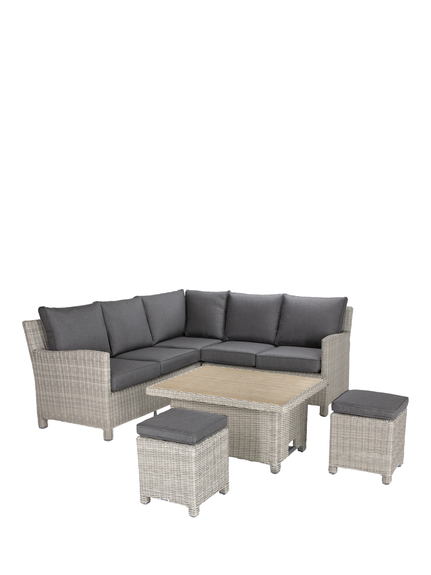 KETTLER Palma Signature 6 Seater Mini Corner Garden Lounging Dining Set with Slatted Top High Low Table White Wash Grey Taupe