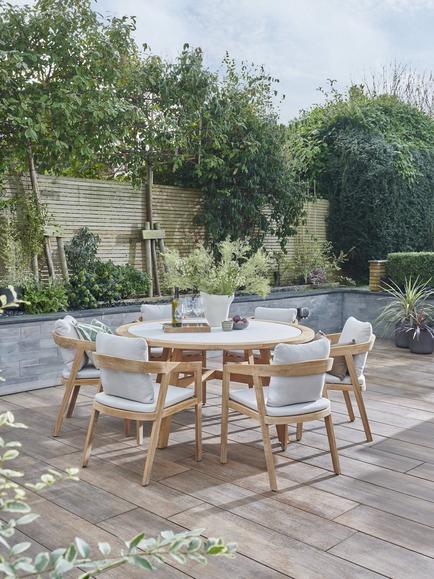KETTLER Kubu 6-Seater Round Garden Dining Table & Chairs Set, FSC-Certified (Teak Wood), Natural/White - view 2, Natural/White