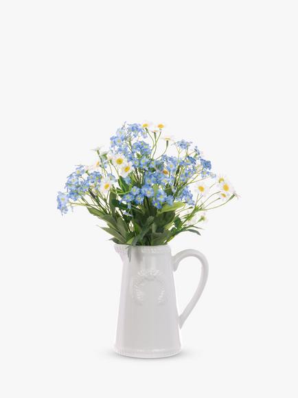 Floralsilk Artificial Forget Me Not & Daisy in a Ceramic Jug, H32cm, Blue/White, Blue/White