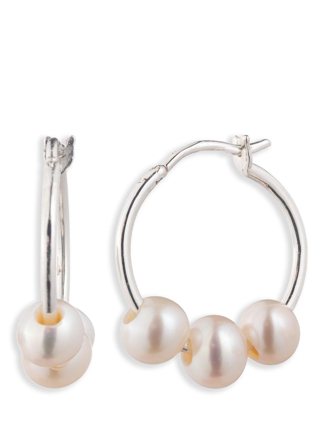 Ralph Lauren Sterling Silver Triple Pearl Hoop Earrings, Silver/White