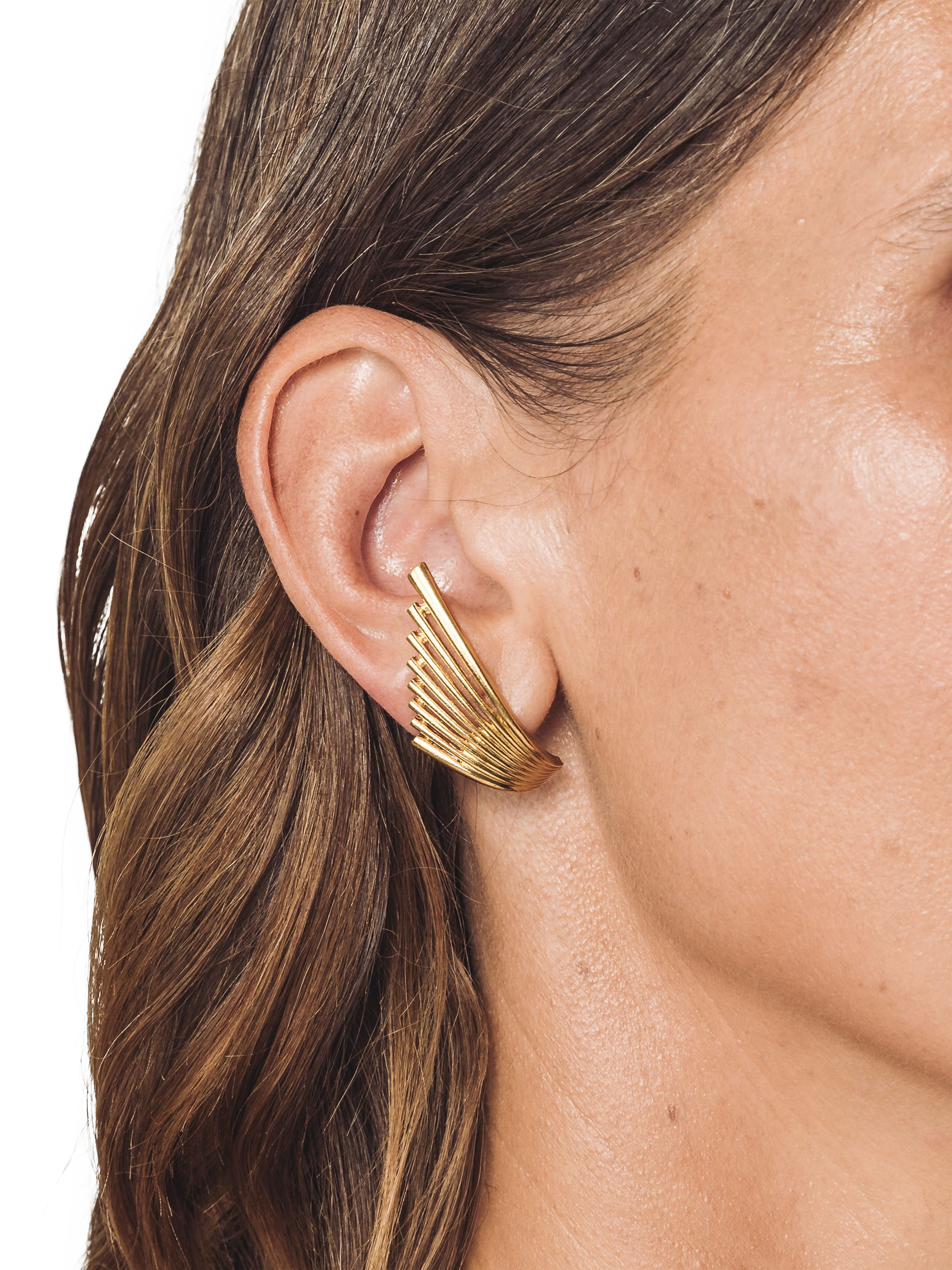 Product image 2 of 3, which shows Eclectica Pre-Loved 18ct Gold Plated Statement Climber Clip On Earrings, Dated Circa 1980's, Gold