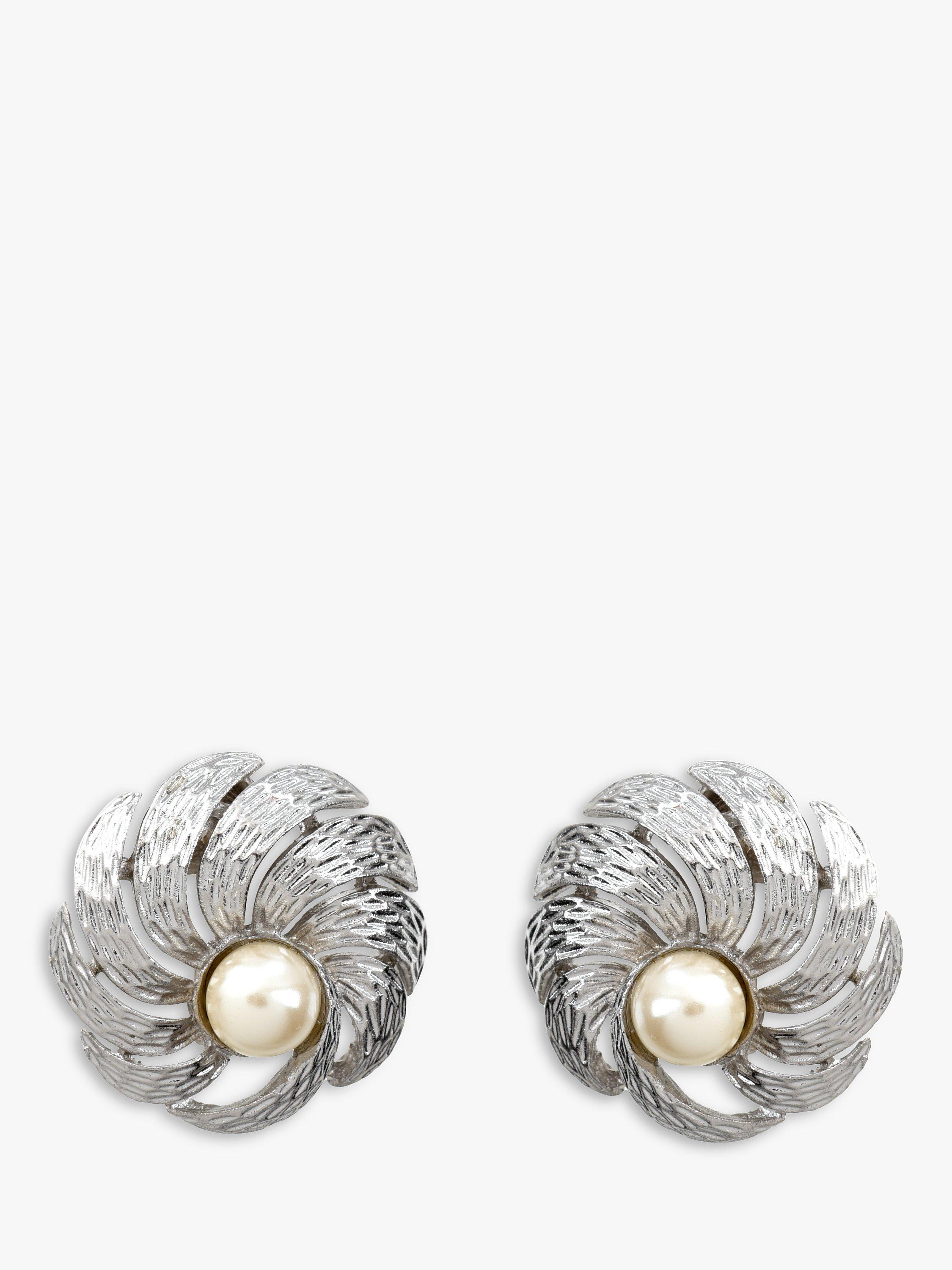 Product image 1 of 2, which shows Eclectica Pre-Loved Faux Pearl Textured Swirl Clip On Earrings, Silver