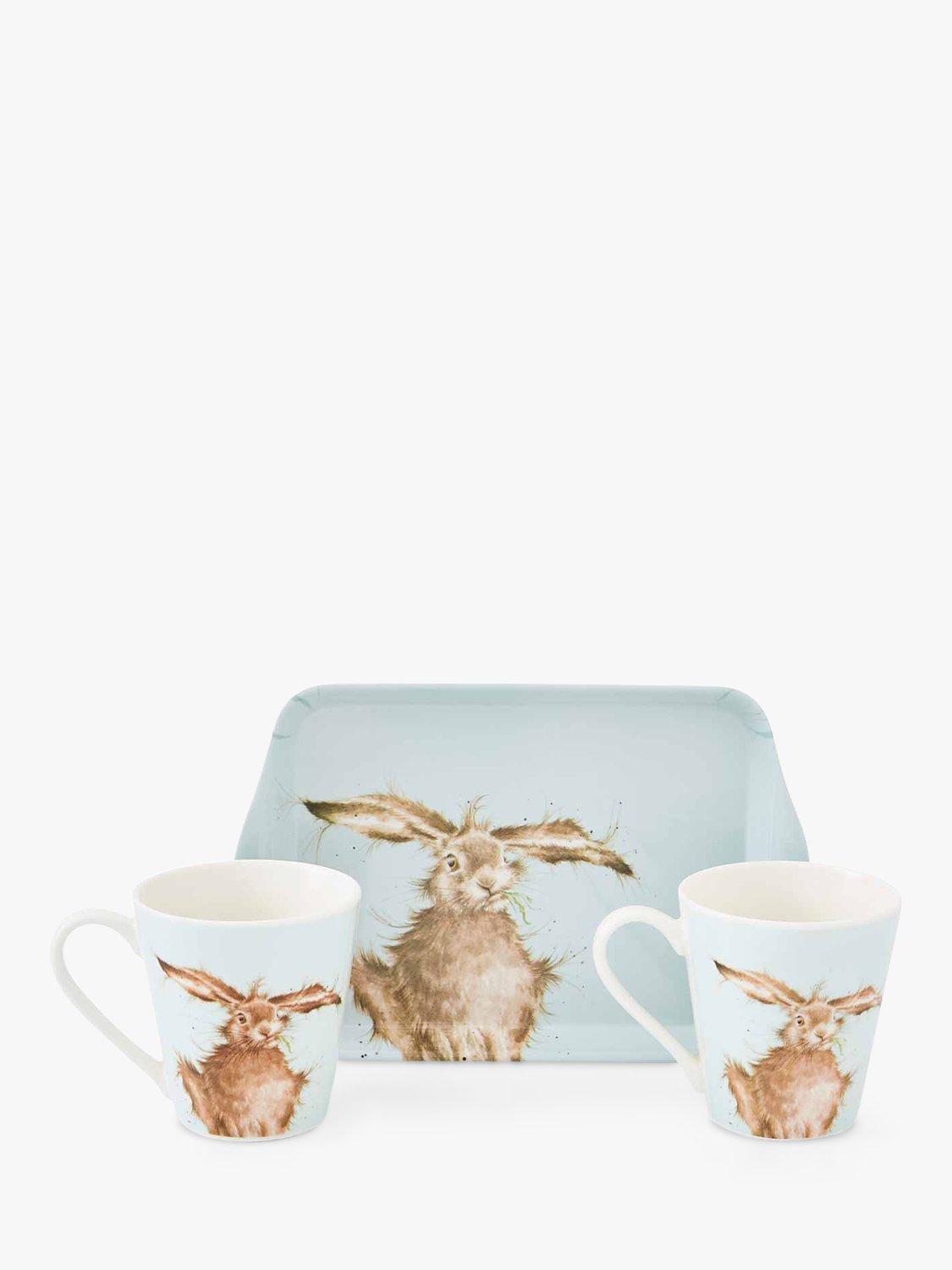 Wrendale Designs Hare Melamine Tray & Porcelain Mugs Gift Set, Green