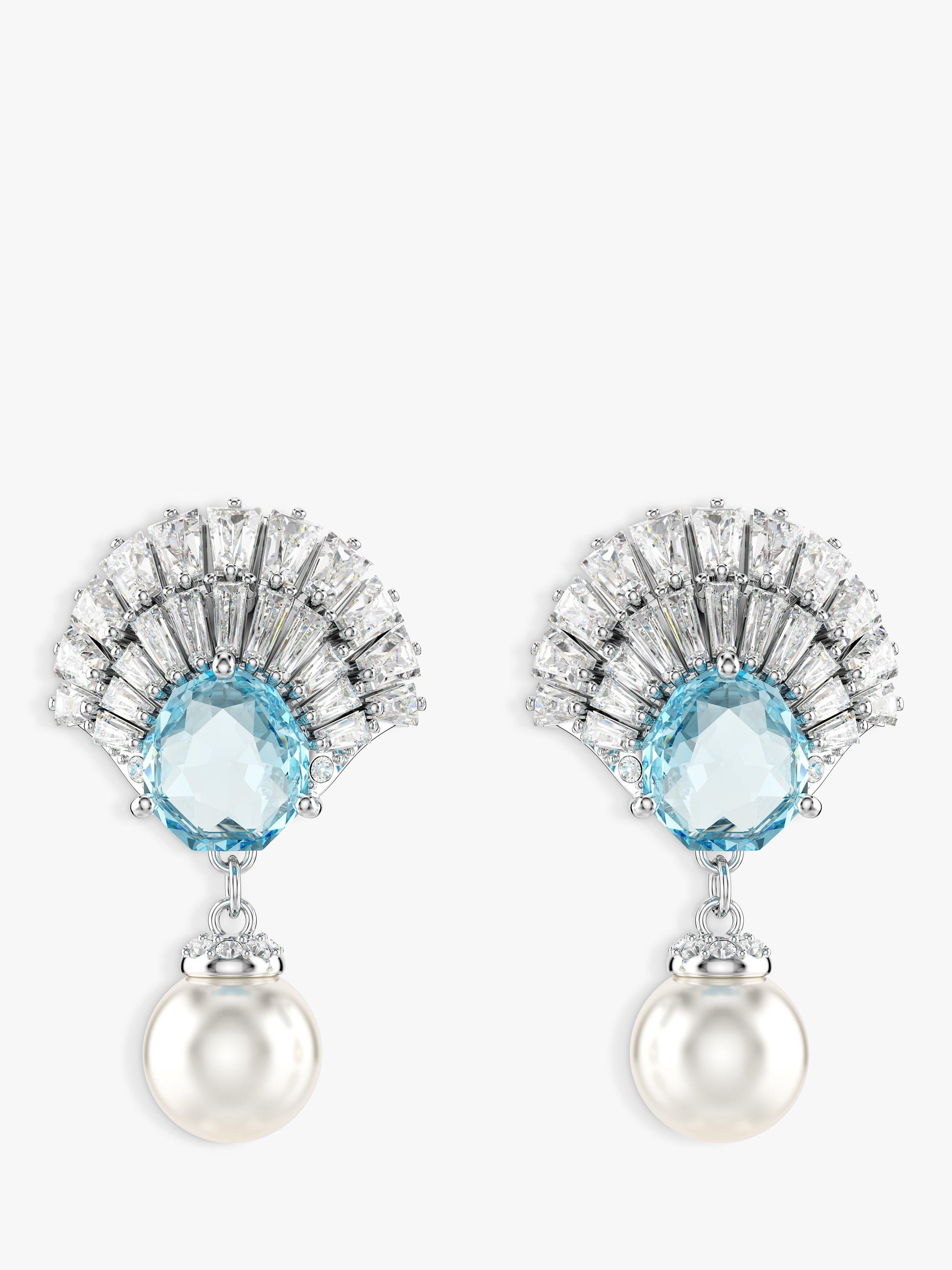 Product image 1 of 4, which shows Swarovski Idyllia Shell Crystal Pearl Drop Earrings, Silver/Aqua