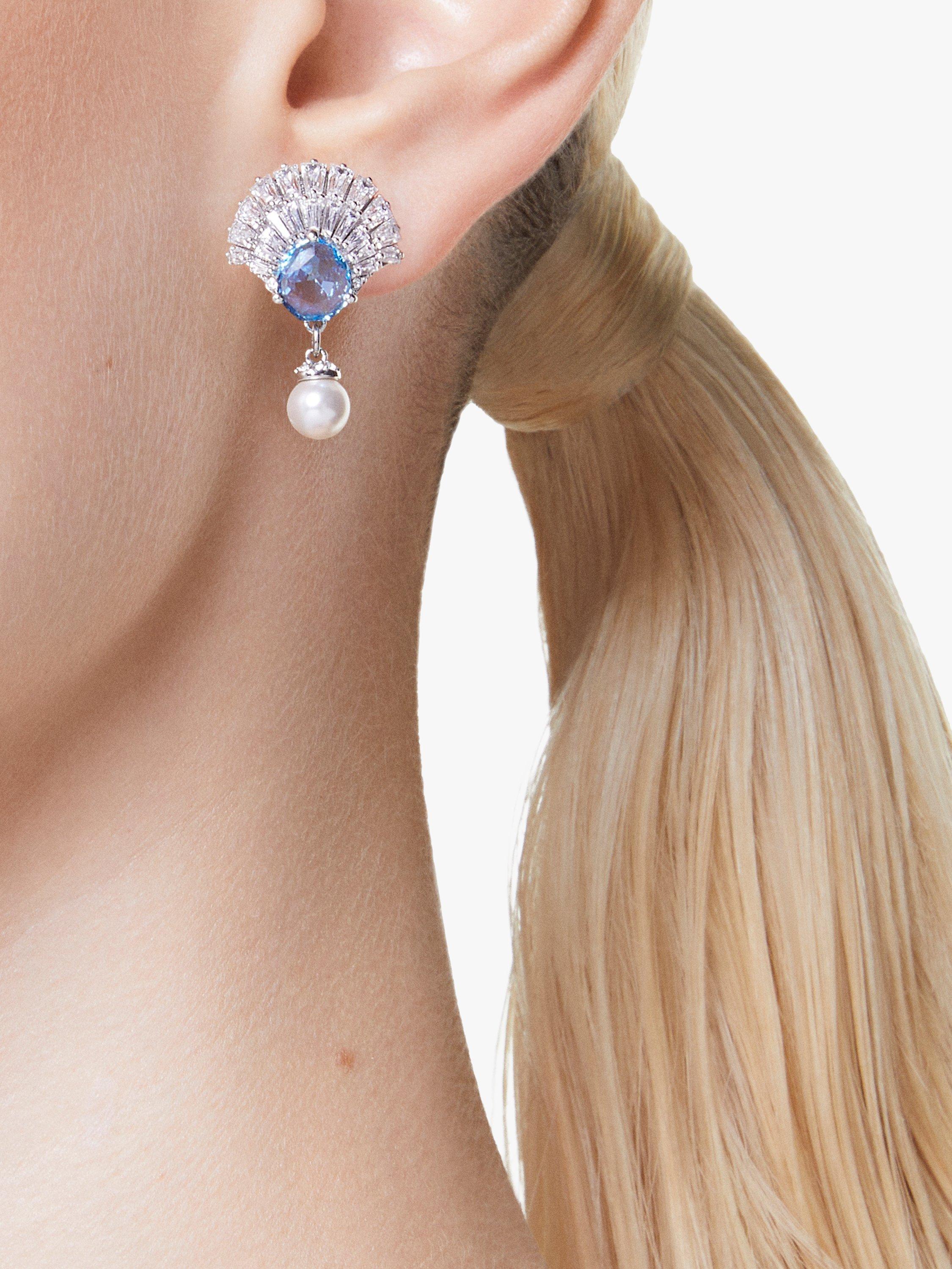 Product image 2 of 4, which shows Swarovski Idyllia Shell Crystal Pearl Drop Earrings, Silver/Aqua