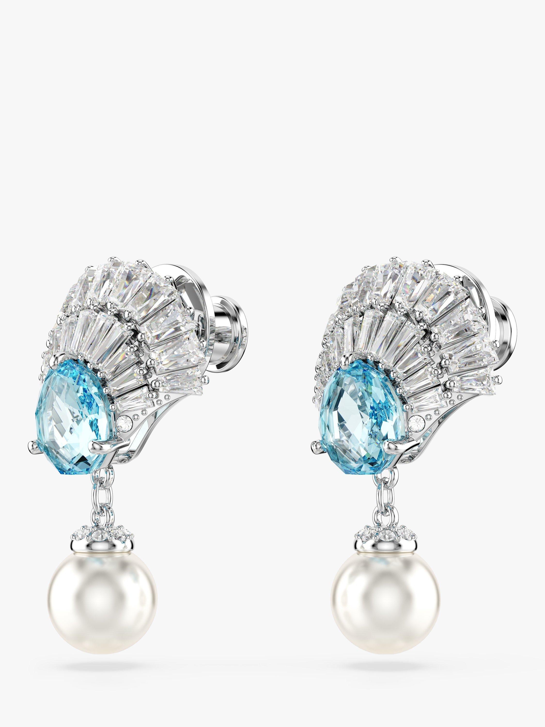 Product image 3 of 4, which shows Swarovski Idyllia Shell Crystal Pearl Drop Earrings, Silver/Aqua