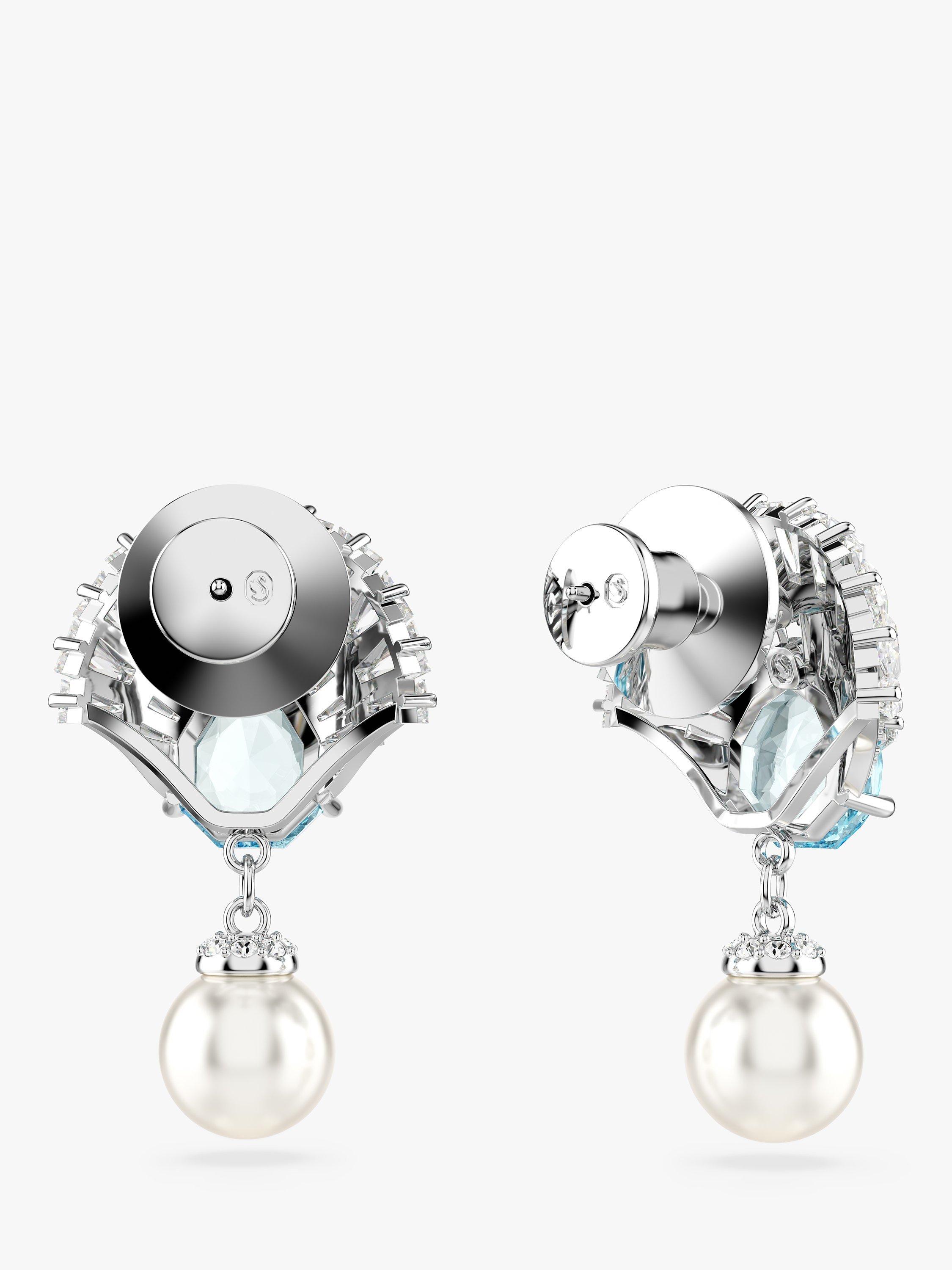 Product image 4 of 4, which shows Swarovski Idyllia Shell Crystal Pearl Drop Earrings, Silver/Aqua