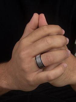 Hoxton London Men's Sterling Silver Bold Leather Ribbed Ring, Silver - view 2, Silver