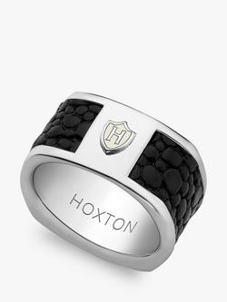 Hoxton London Men's Sterling Silver Black Printed Leather Inlay Ring, Silver/Black, Silver/Black