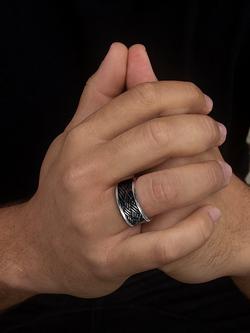 Hoxton London Men's Sterling Silver Black Printed Leather Inlay Ring, Silver/Black - view 2, Silver/Black