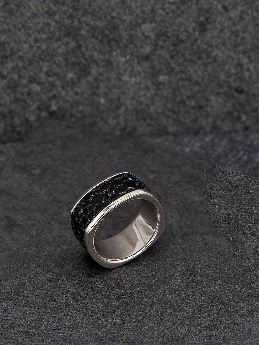 Product image 3 of 4, which shows Hoxton London Men's Sterling Silver Black Printed Leather Inlay Ring, Silver/Black, R1/2