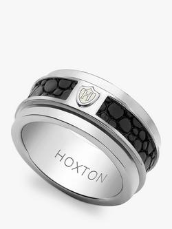 Hoxton London Men's Sterling Silver Black Printed Leather Spinning Ring, Silver/Black, Silver