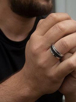 Hoxton London Men's Sterling Silver Black Printed Leather Spinning Ring, Silver/Black - view 2, Silver