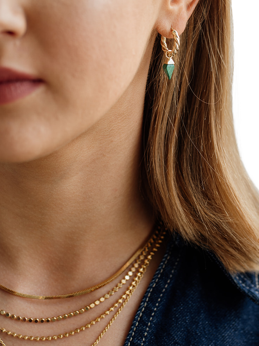Product image 3 of 3, which shows LARNAUTI Annecy Malachite Pyramid Charm Rope Hoop Earrings, Gold/Green