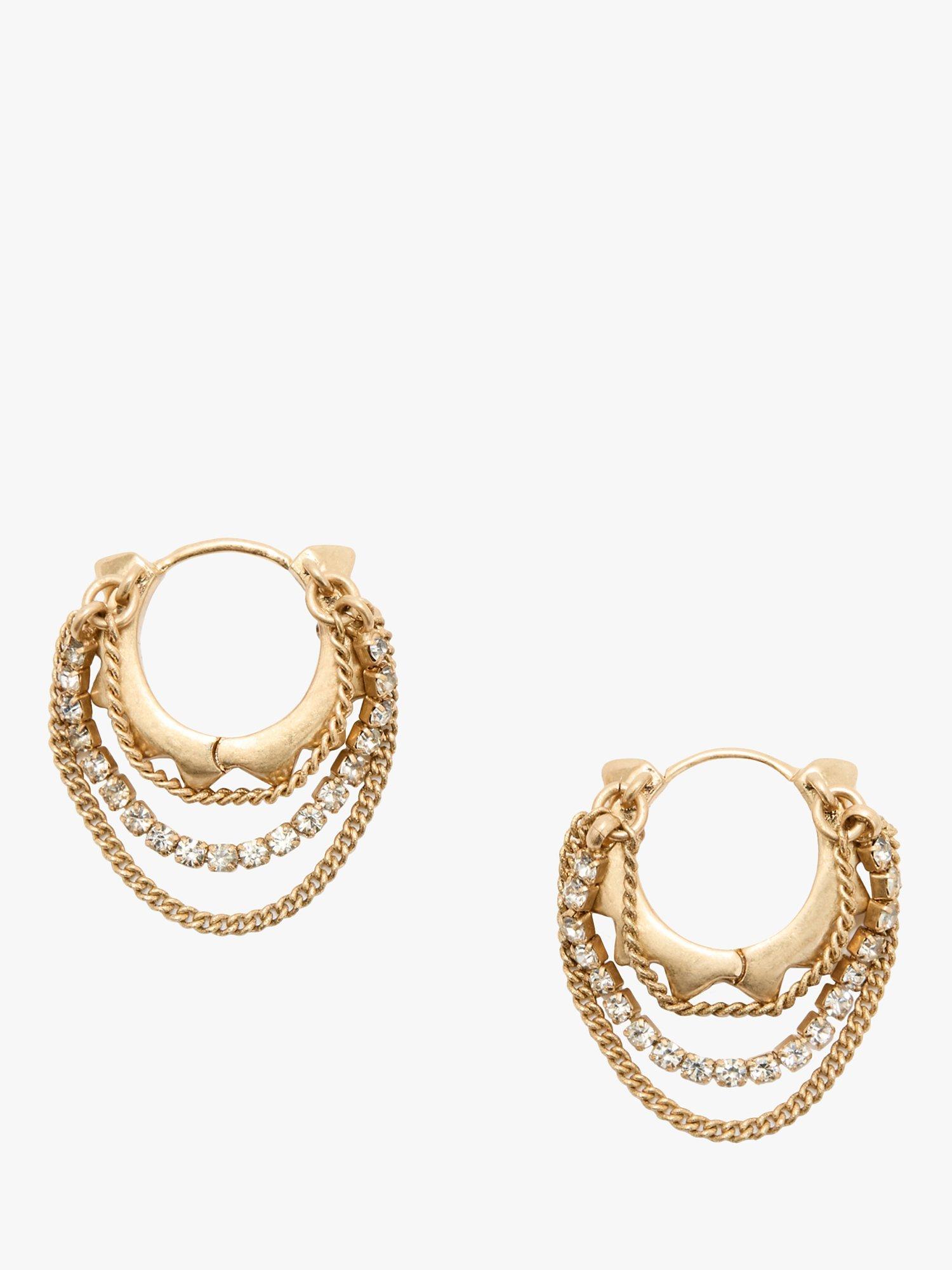 Product image 1 of 3, which shows AllSaints Pyramid Mixed Chain Hoop Earrings, Warm Brass