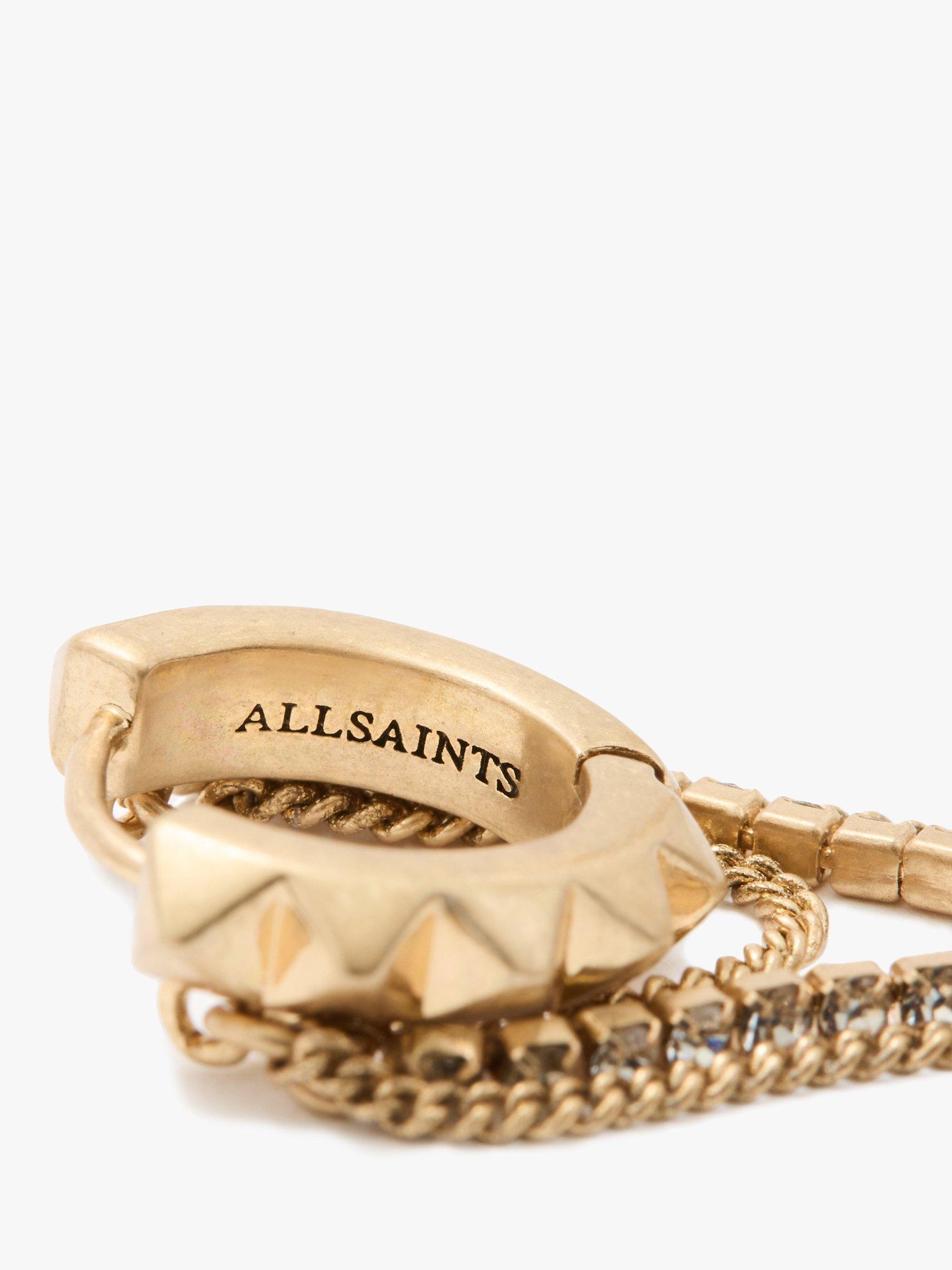 Product image 2 of 3, which shows AllSaints Pyramid Mixed Chain Hoop Earrings, Warm Brass
