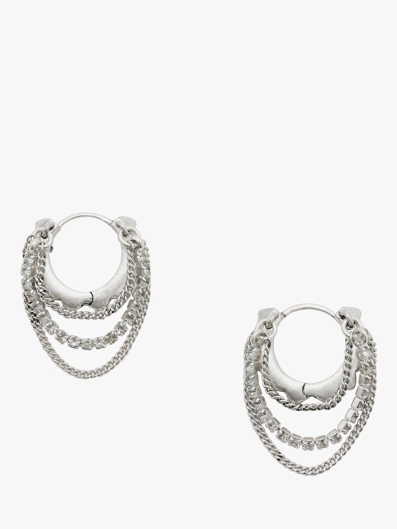 Product image 1 of 3, which shows AllSaints Pyramid Mixed Chain Hoop Earrings, Warm Silver