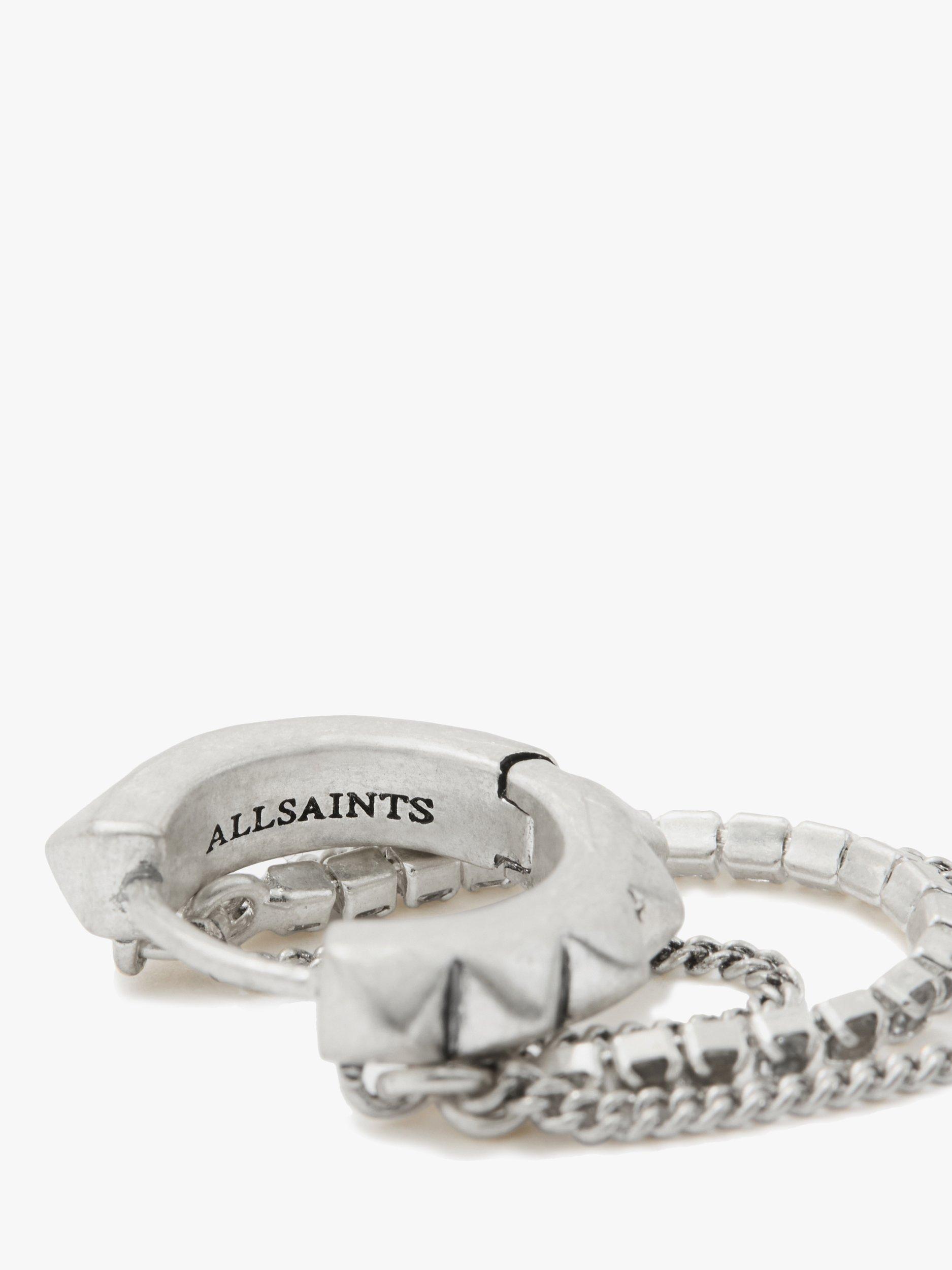 Product image 2 of 3, which shows AllSaints Pyramid Mixed Chain Hoop Earrings, Warm Silver