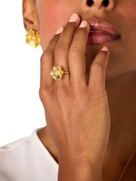 DPT Antwerp Diamond Heart Jasmine Flower Ring, Gold - view 2, Gold