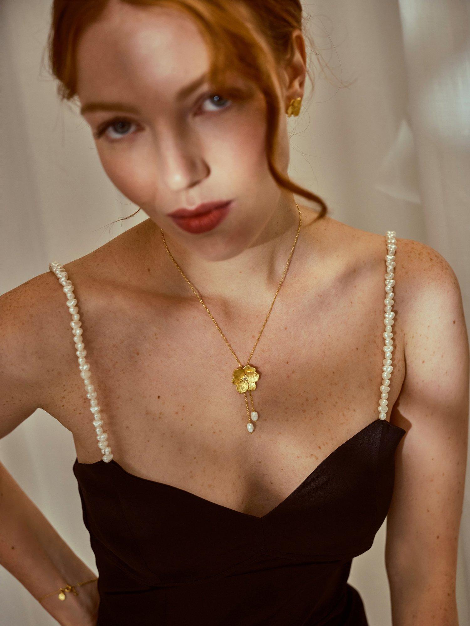 Product image 4 of 7, which shows DPT Antwerp Diamond & Pearl Jasmine Flower Pendant Necklace, Gold