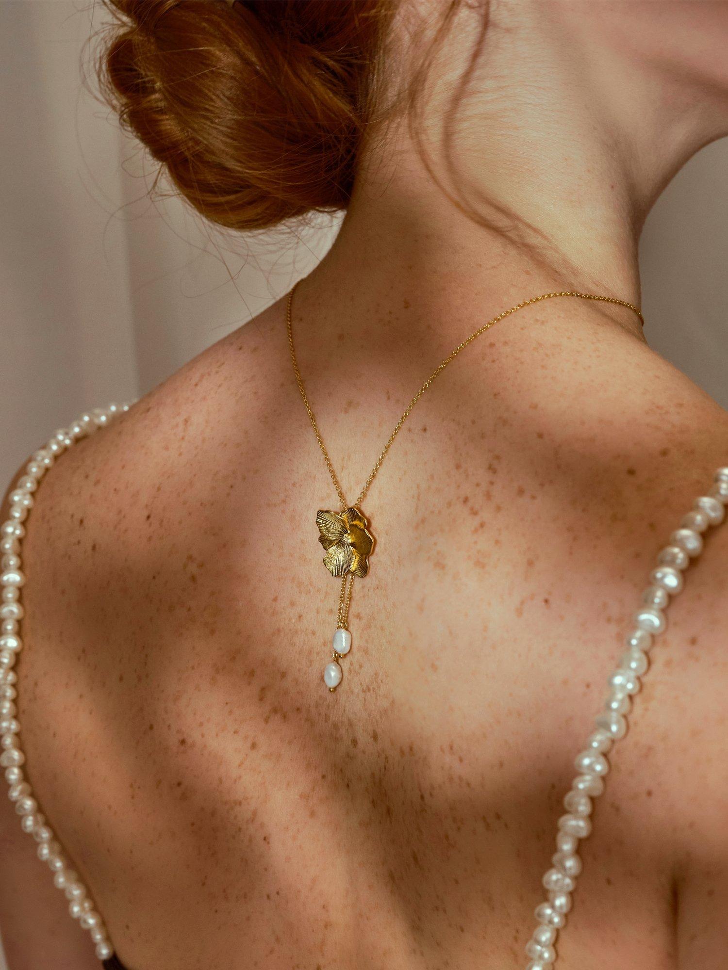 Product image 5 of 7, which shows DPT Antwerp Diamond & Pearl Jasmine Flower Pendant Necklace, Gold