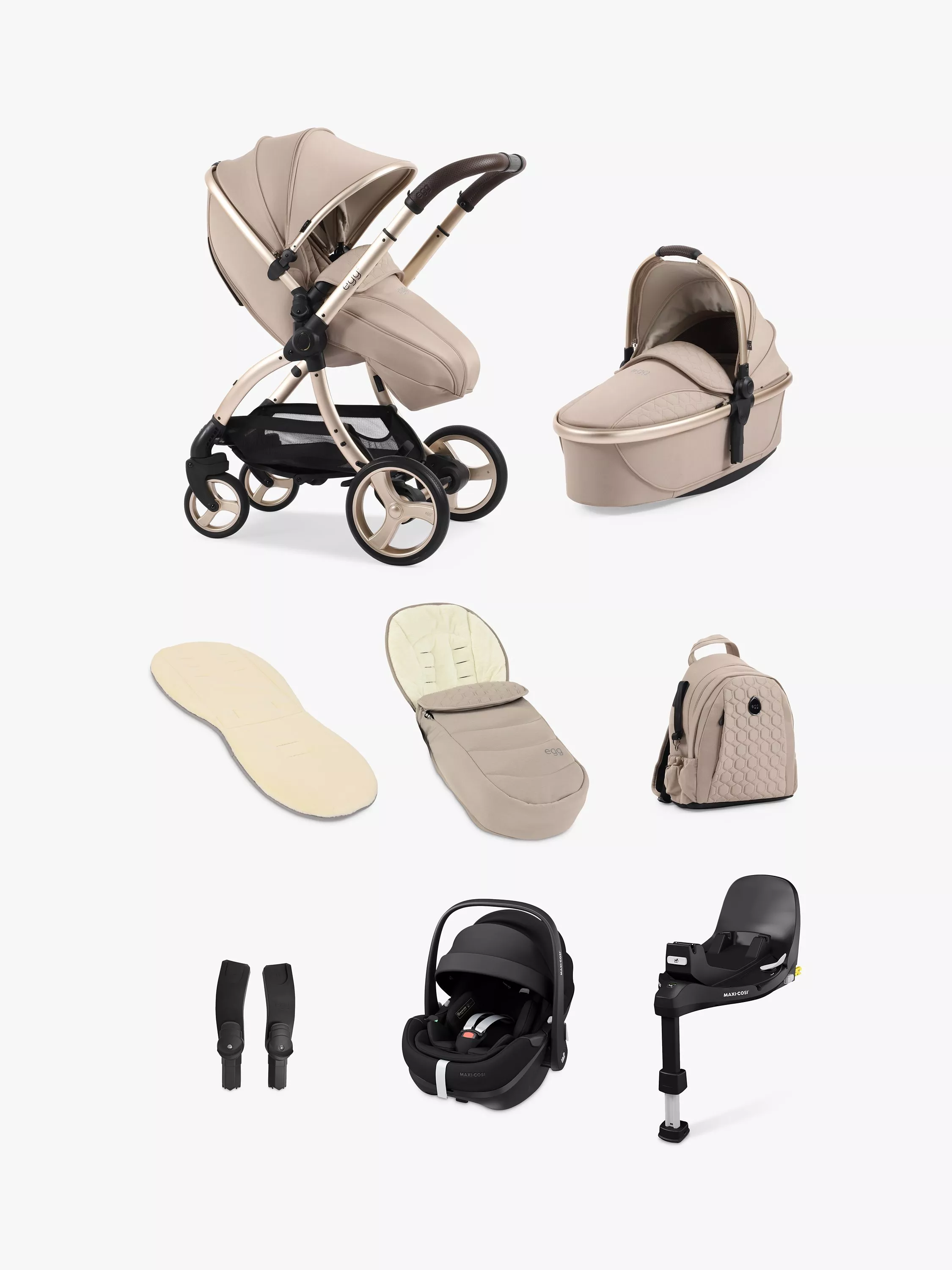 egg3 Pushchair Carrycot Accessories with Maxi Cosi Pebble 360 Pro Car Seat and Base Luxury Bundle Feather