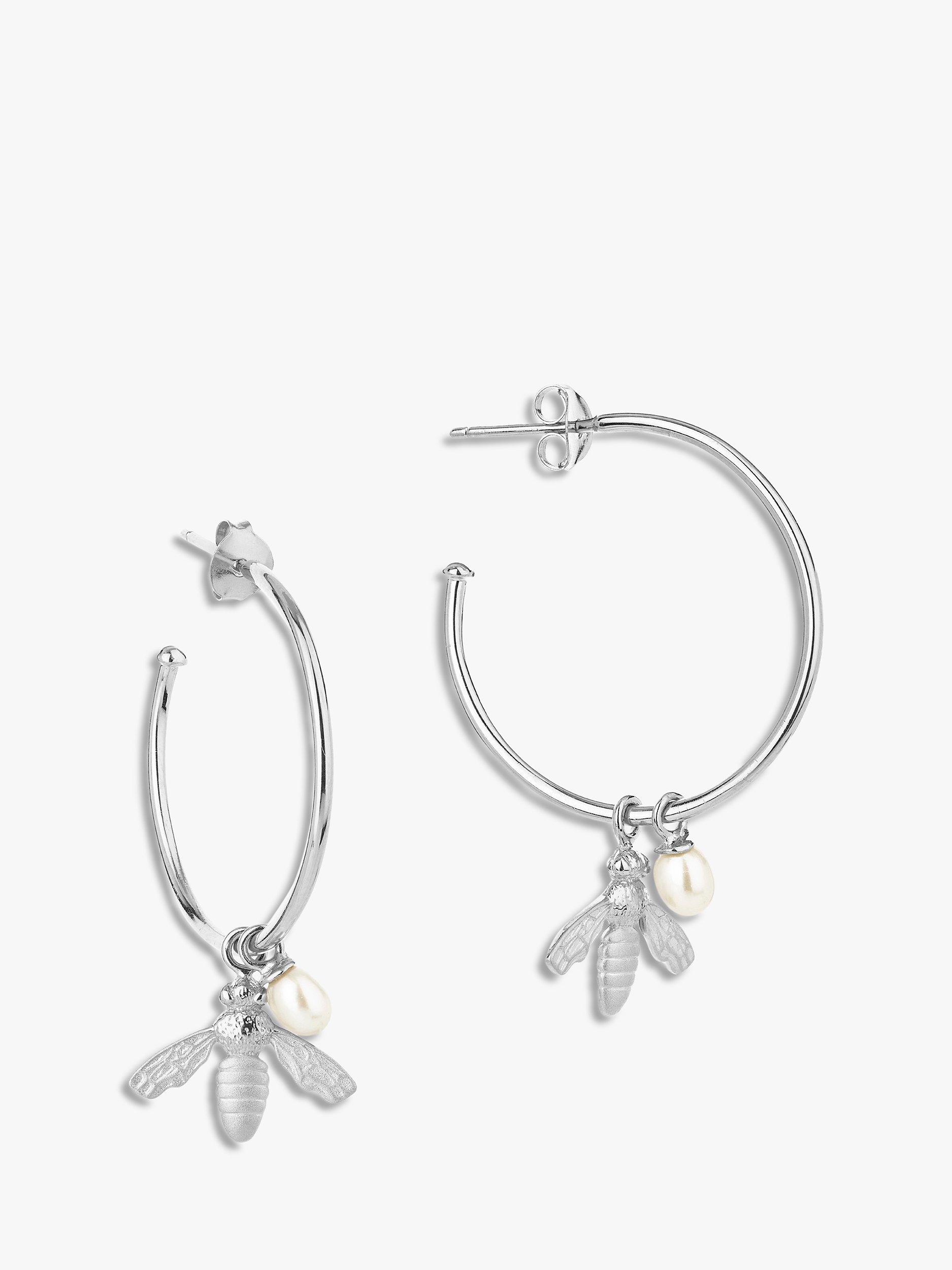 Claudia Bradby Pearl and Flying Bee Charm Hoop Earrings, Silver