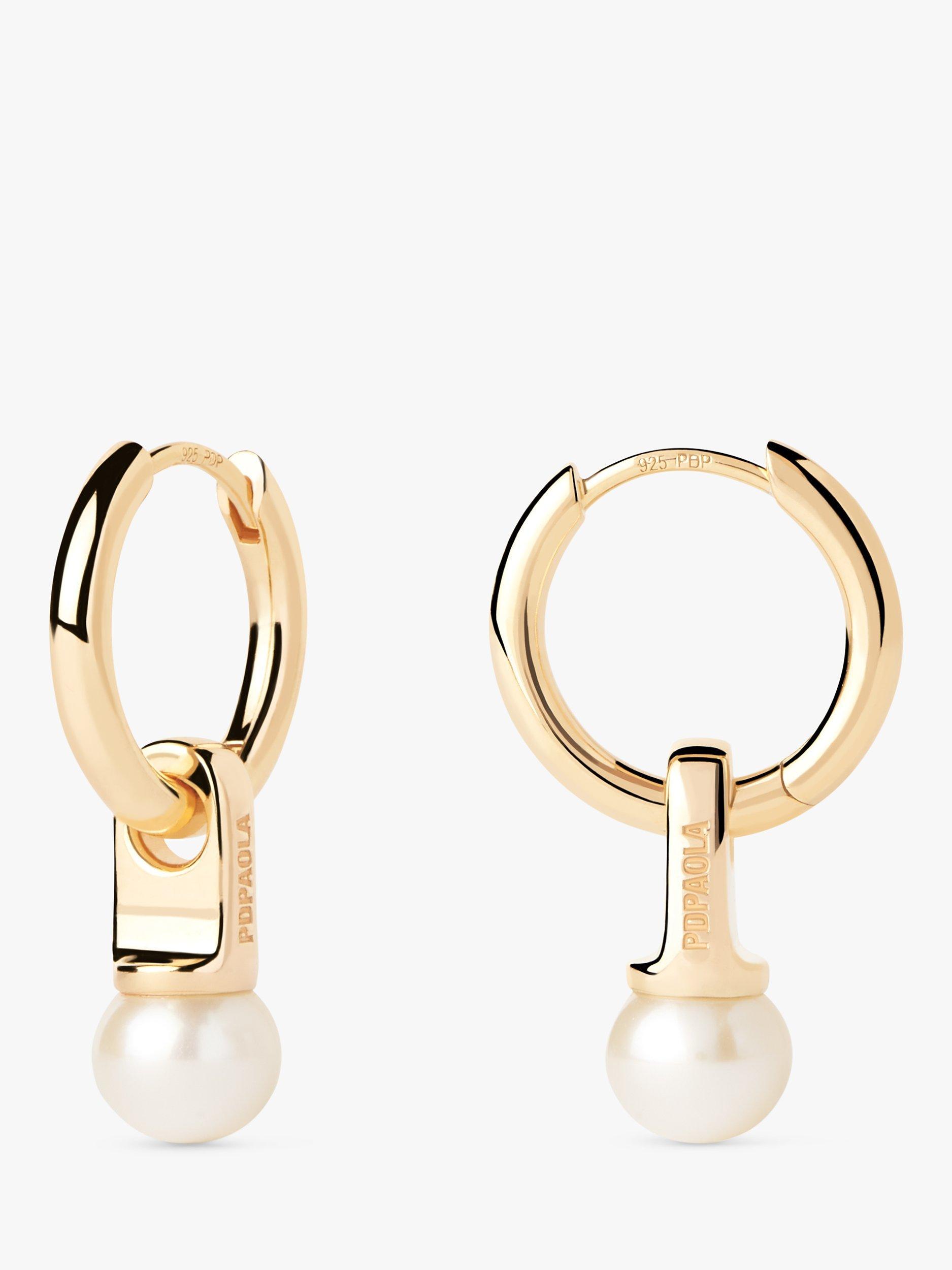 Product image 1 of 4, which shows PDPAOLA Pearl Drop Hoop Earrings, Gold