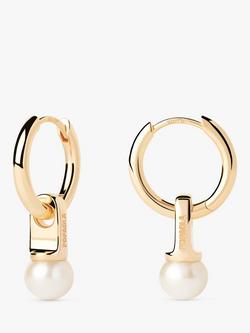 PDPAOLA Pearl Drop Hoop Earrings, Gold, Yellow Gold