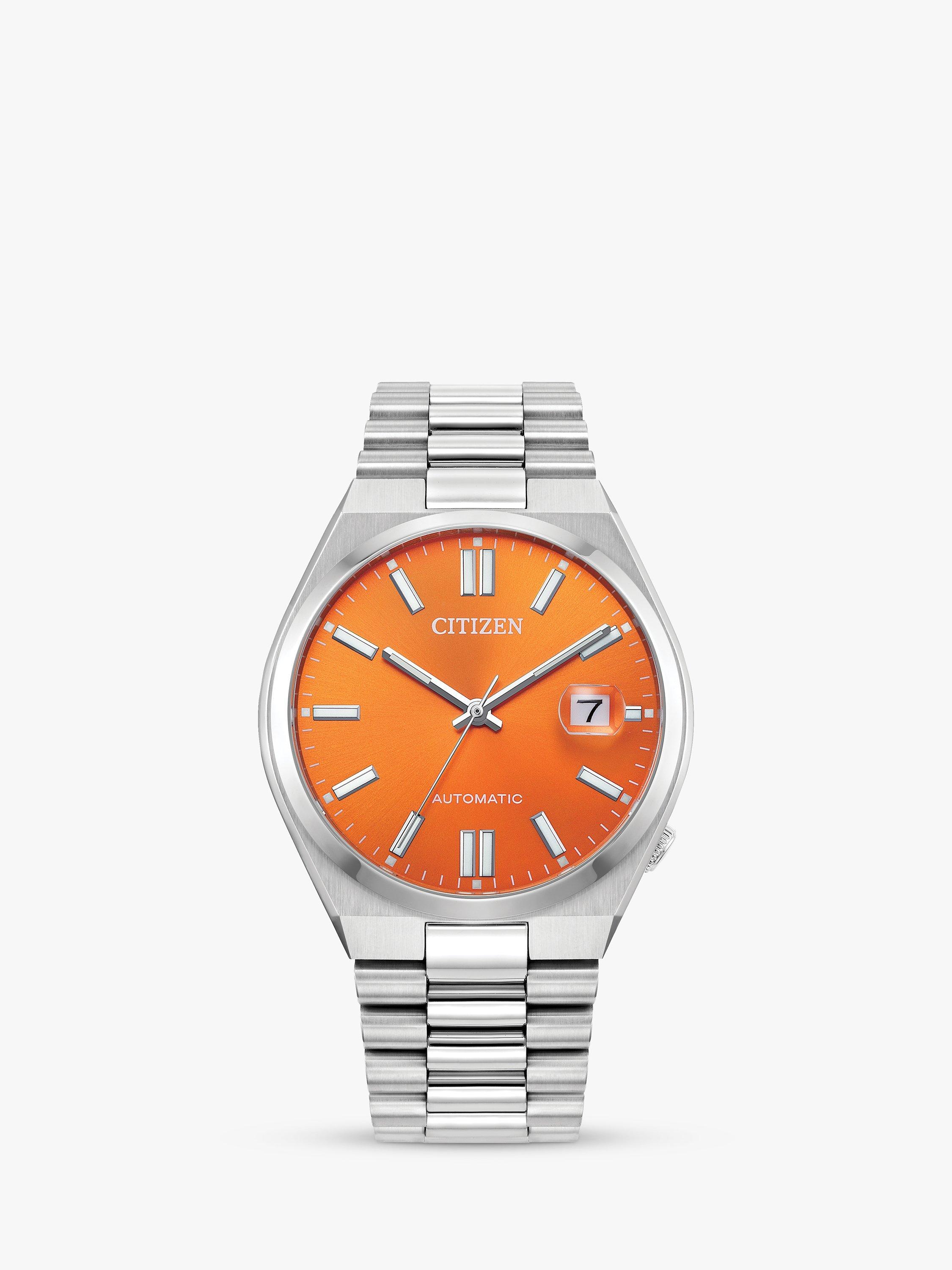 Product image 1 of 6, which shows Citizen TSUYOSA Unisex Automatic Sunray Dial Bracelet Strap Watch, Silver/Orange