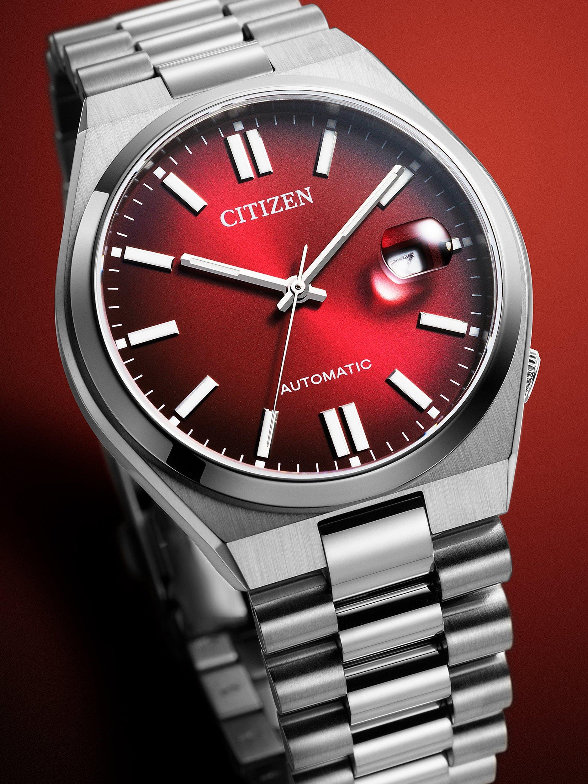 Product image 7 of 7, which shows Citizen TSUYOSA Unisex Automatic Sunray Dial Bracelet Strap Watch, Silver/Red