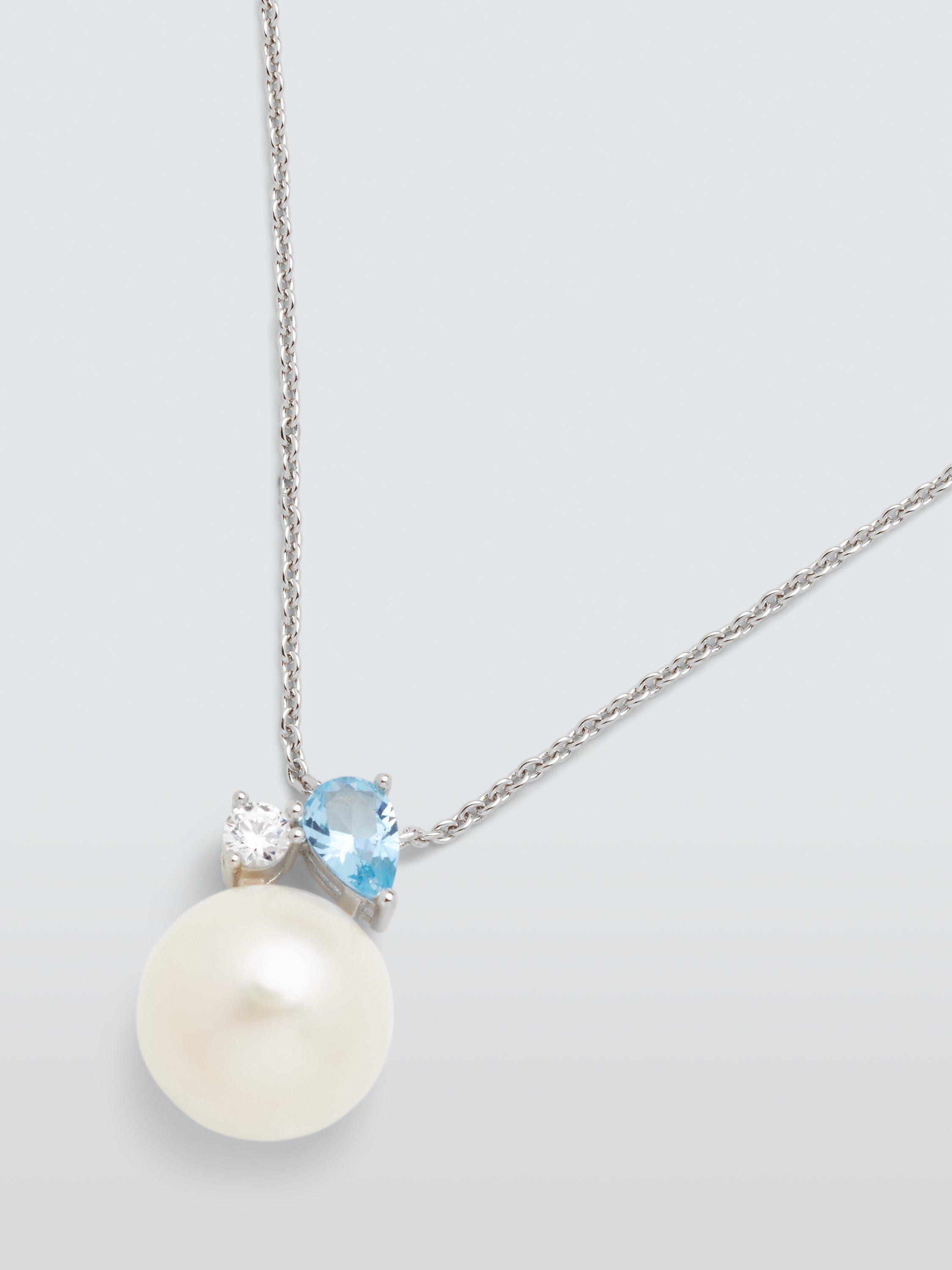 Product image 1 of 5, which shows Lido Freshwater Pearl and Cubic Zirconia Button Pendant Necklace, Silver/Blue