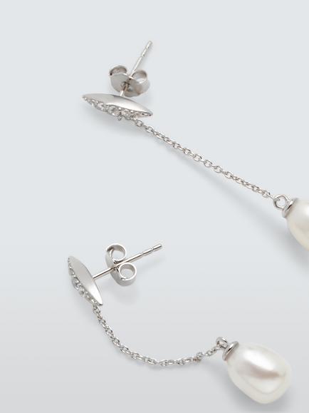 Lido Oval Freshwater Pearl and Cubic Zirconia Bar Drop Earrings, Silver - view 2, Silver