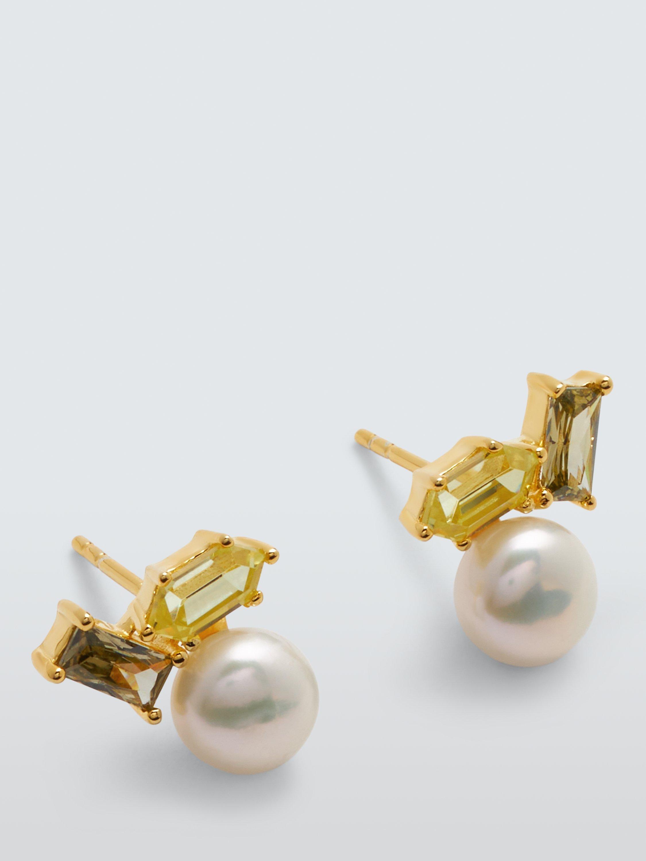 Lido Freshwater Pearl Hexagon and Baguette Cubic Zirconia Stud Earrings, Gold/Peridot